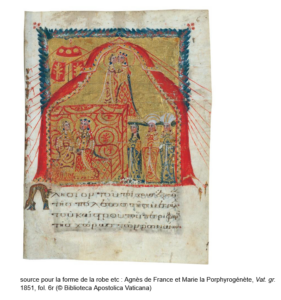 Autre modèle de robe aux manches évasées : Agnès de France et Marie la Porphyrogénète, Vat. gr. 1851, fol. 6r (© Biblioteca Apostolica Vaticana)