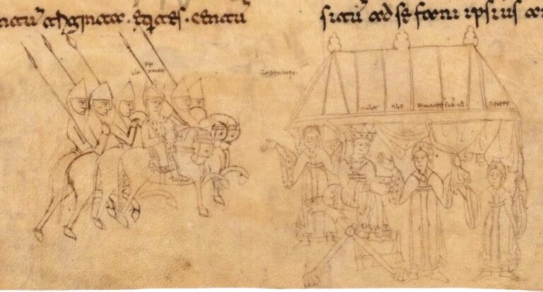 Exemple de source visuelle d'une tente à 3 mâts : "Historia Adversos Paganos" (Italie? daté de 1100 à 1130)