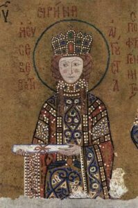 Exemple de source pour la forme de la robe et les broderies : mosaïque de l’impératrice Irene à la Haghia Sophia